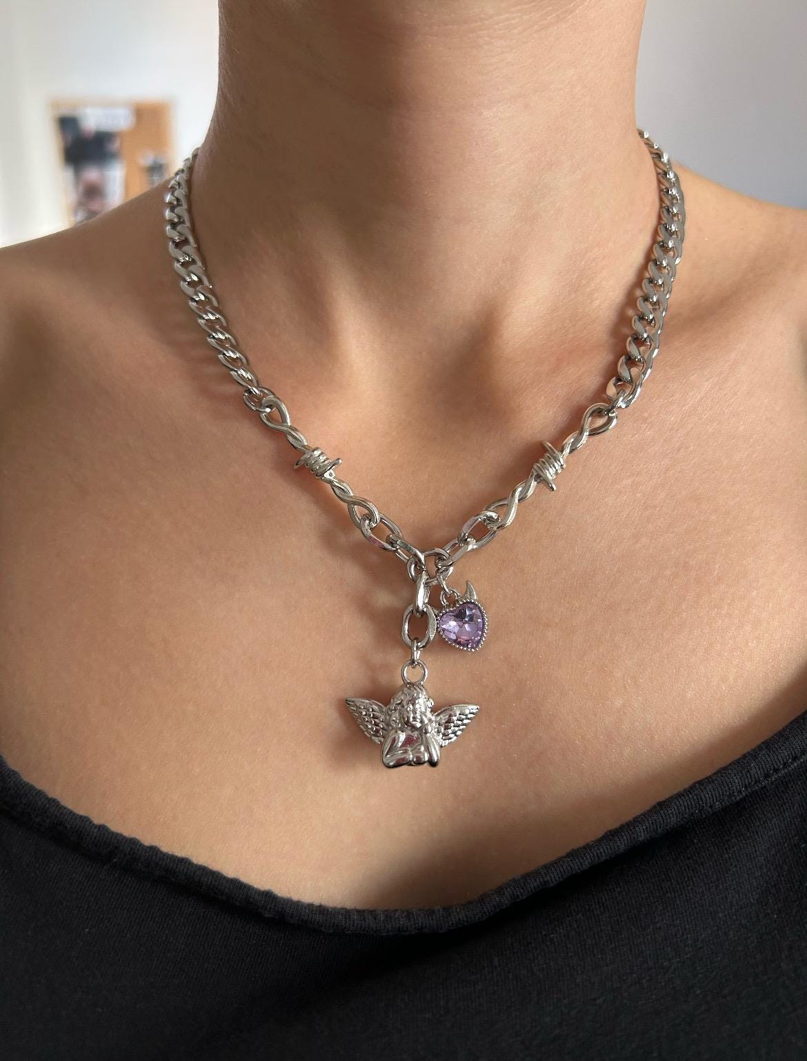 Purple Crystal Devil Heart Cherub Charm Necklace