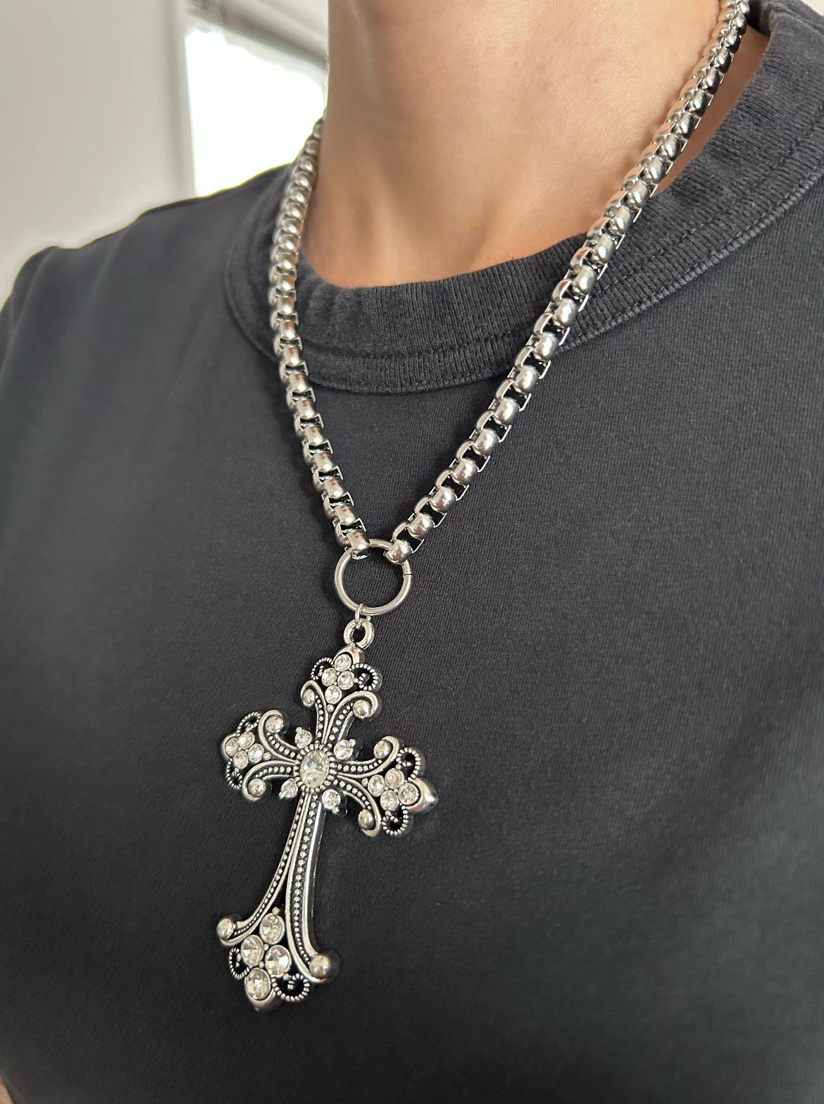 Silver Rhinestone  Cross Necklace