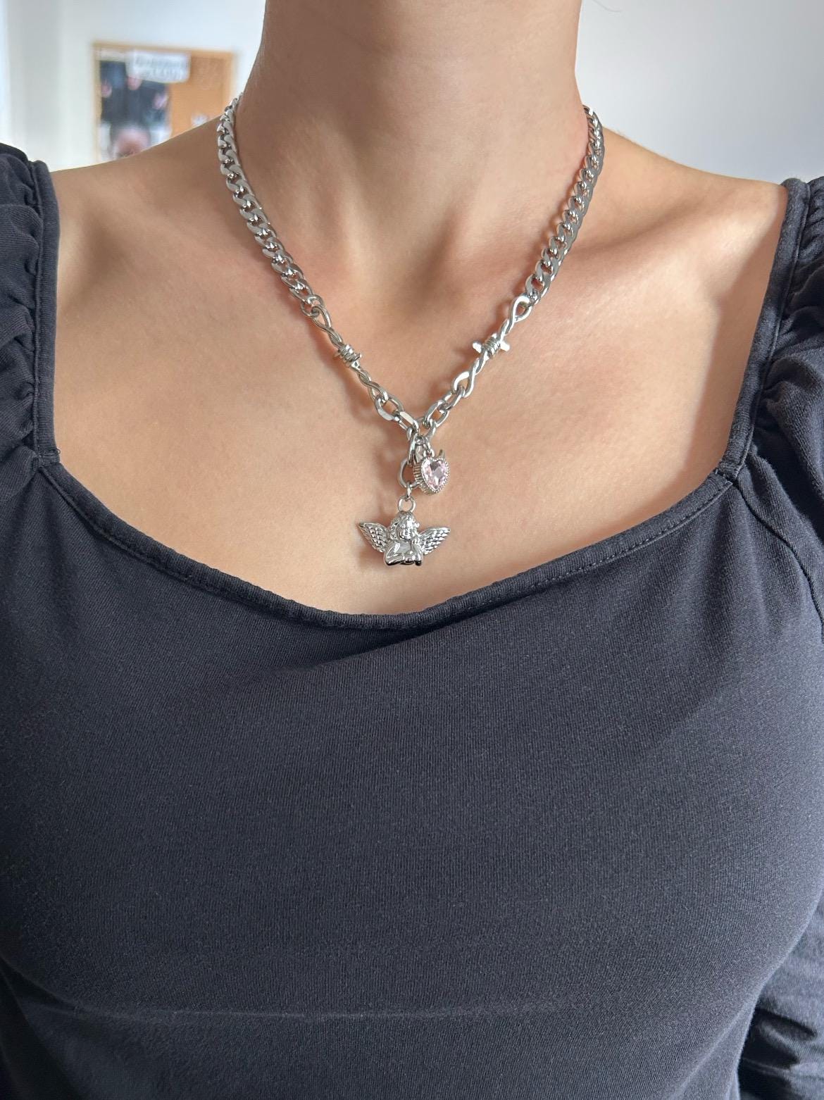 Pink Crystal devil Heart cherub charm necklace
